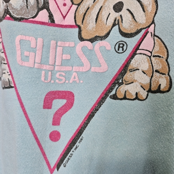 Vintage Guess USA Puppy Crewneck Sweatshirt Blue Pink 80's Women's Size Small - Picture 5 of 12